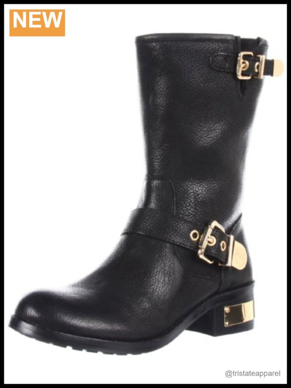 Women's Leather Motorcycle Boots with Block Heel and Buckle Straps